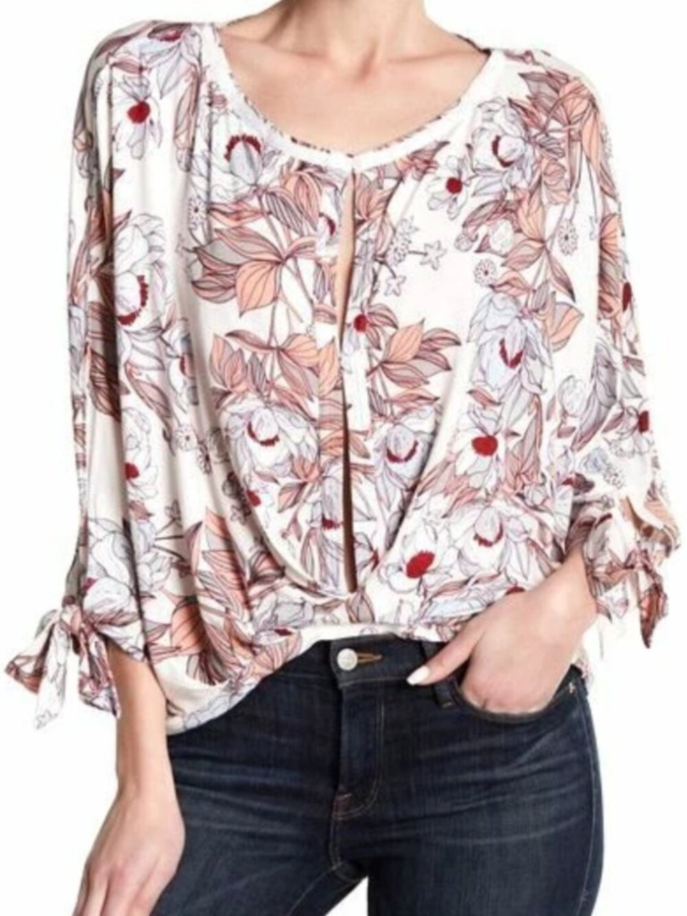 Free People Keepin On Floral Blouse L Cream Peach Dolman Sleeve Self Tie Peasant